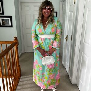 Vintage 1970’s Pink and Blue Floral Maxi Dress Olga Wear